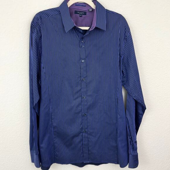 Ted Baker Mens Button Shirt Size XL Regular Fit Stripe Cotton Classic Purple - Picture 1 of 10